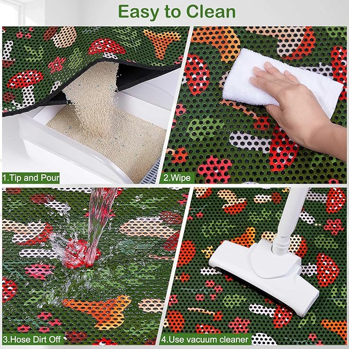 Bienbee Cat Litter Mat, 30"x24" Litter Mat Double Layer Litter Trapping Mat, Reduces Tracking and Keeps Floors Clean,Jungle Mushroom L