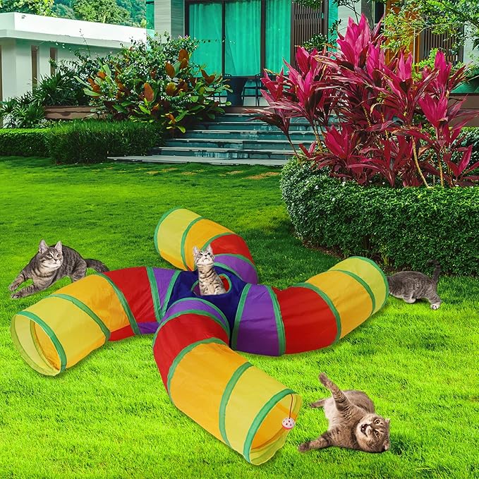 Bemodst Cat Tunnel for Indoor Cats Large,Cat Tubes and Tunnels Collapsible S-Shape Cat Tubes Kitty Tunnels Interactive Cat Toy with Storage Bag for Cat Small Dogs Ferret Rabbit (Colored 4-Way)