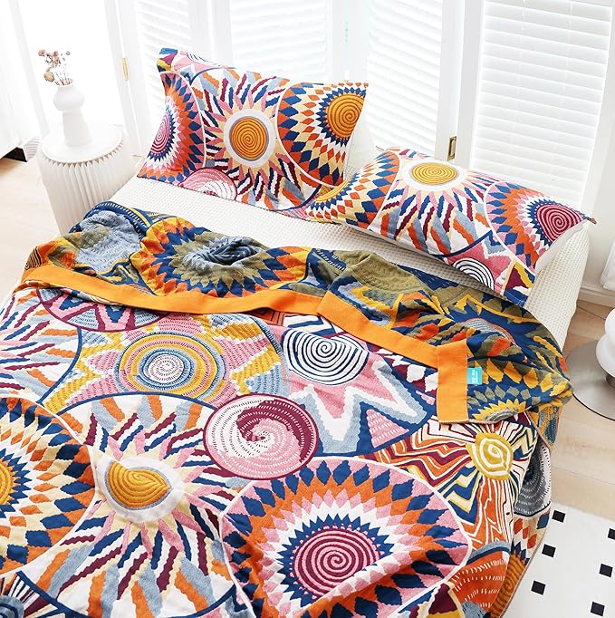 MEJU Geometry Colourful Sunshine Bright Sun & Star, Fire & Light Modern Muslin All Season Blanket for Bed Sofa Couch,100% Cotton 4 Layer Reversible Throw Blanket Bed Coverlet F/Q 80 in x 90 in