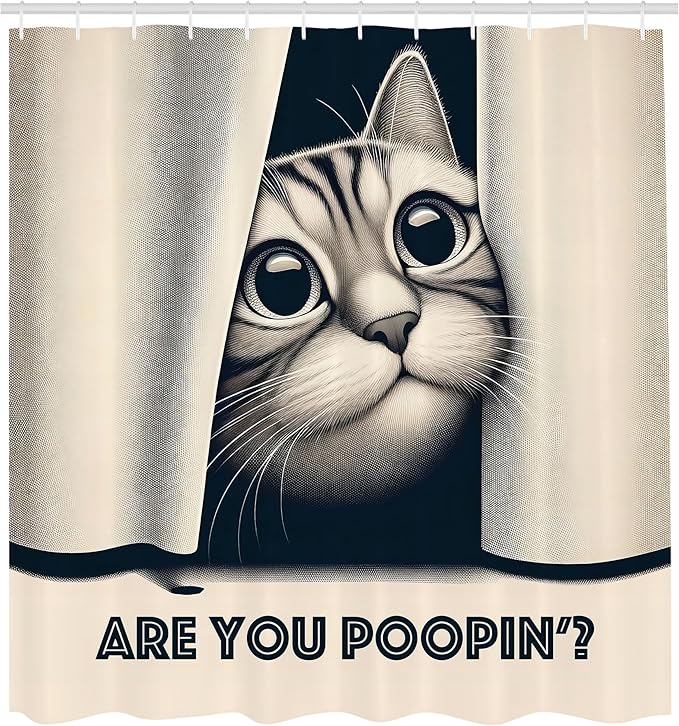Ambesonne Cat Shower Curtain, are You Poopin' Curious Kitty Retro Effect Funny Whimsical Humorous Joke Concept, Cloth Fabric Bathroom Decor Set with Hooks, 69" W x 75" L, Dark Blue Ivory