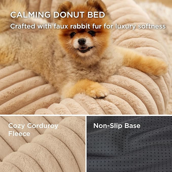 Bedsure Cat beds for Indoor Cats - Donut Dog Beds for Small Dogs with Corduroy Fleece & Anti Slip Bottom, Faux Fur Pet Beds with Washable Removable Cover, Sandy Tan, 20x20x6 inches