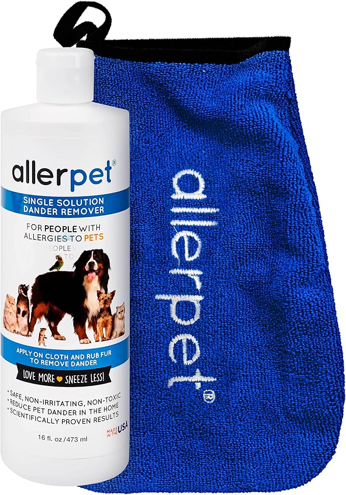 Allerpet Single Solution 16 fl oz Bottle Dander Remover for Pets - Relieves Allergies - Bonus Mitt to Easily Apply Solution to Your Pet
