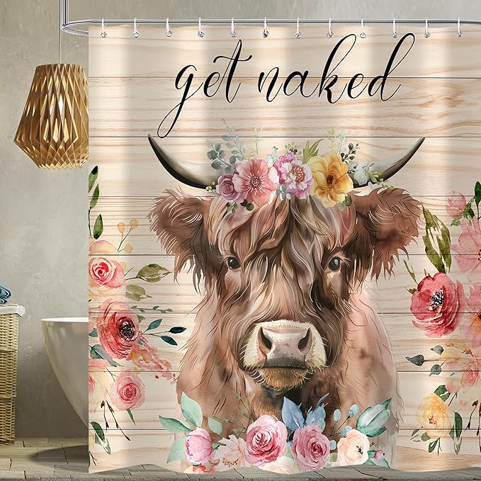 Highland Cow Shower Curtain, Get Naked Funny Animal Flower Bathroom Curtain, Floral Shower Curtain Set Polyester Waterproof Bath Curtian Accessory Set 12 Hooks 72x72 inch
