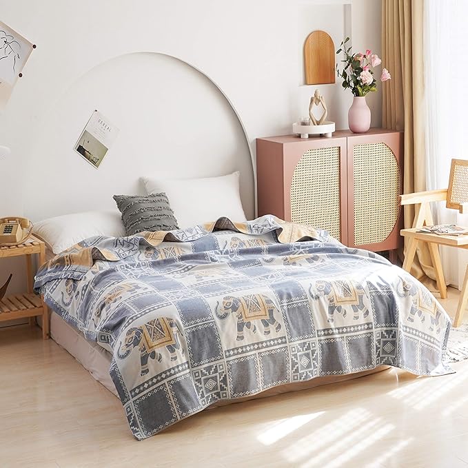 MEJU Elephant Check Geometric Muslin Lightweight Summer Blanket for Bed Sofa Couch, 100% Combed Cotton 2 Layer Soft Warm Quick Dry Throw Blanket Bed Coverlet Sheet Elephant Blue, Twin 60 in X 80 in