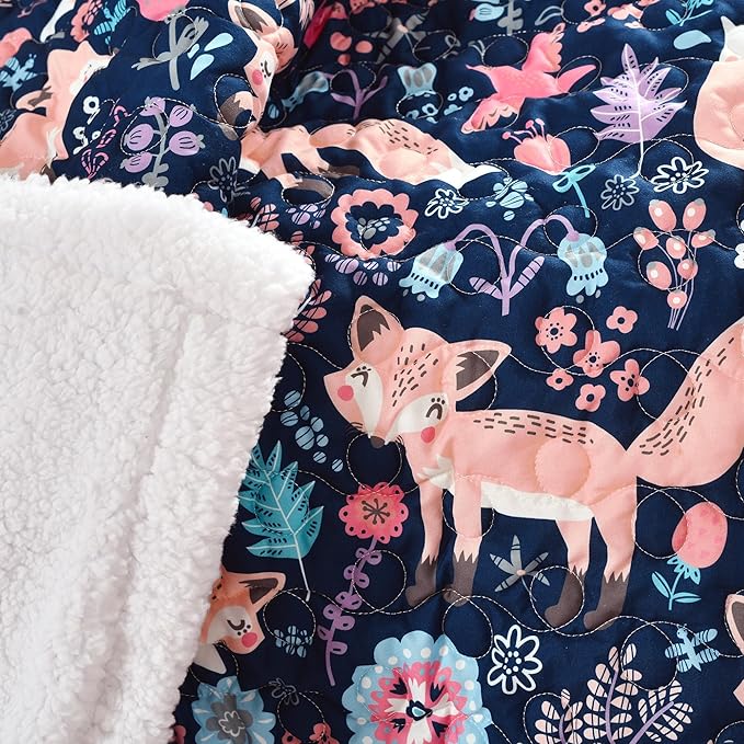 Lush Decor Pixie Fox Reversible Sherpa Throw Blanket, 50” W x 60" L, Navy & Pink - Quilted Toddler Blankets for Girls - Colorful Floral Print- Soft & Fluffy Kids Blanket for Bed, Couch Or Chair