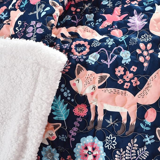 Lush Decor Pixie Fox Reversible Sherpa Throw Blanket, 50” W x 60" L, Navy & Pink - Quilted Toddler Blankets for Girls - Colorful Floral Print- Soft & Fluffy Kids Blanket for Bed, Couch Or Chair