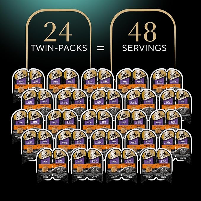 Sheba Perfect Portions Paté Adult Wet Cat Food Trays (24 Count, 48 Servings), Savory Chicken Entrée, Easy Peel Twin-Pack Trays