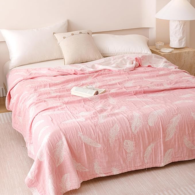 MEJU Feather Pink White Cute Modern Fashion All Season Blanket Throw Decorative for Bed Sofa Couch 100% Cotton 3 Layer Soft Warm Reversible Bedspread Throw Blanket Bed Coverlet Sheet F/Q 80 in x 90 in