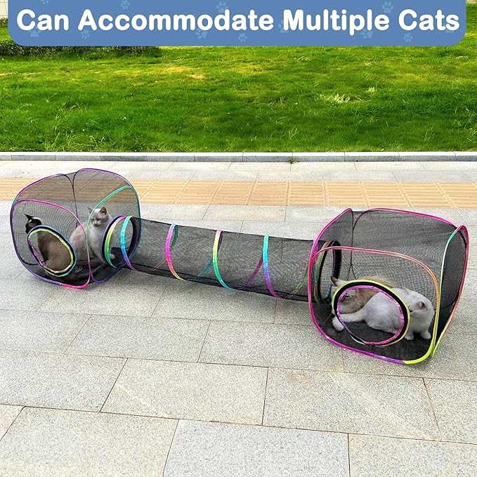 Outdoor Cat Enclosures Portable Cat Tunnel with Carry Bag Breathable Cat Tent Outdoor with 2 Mouse Toys Outside Cat Enclosure for Indoor Cats (2 Cubes + Run Tunnel)