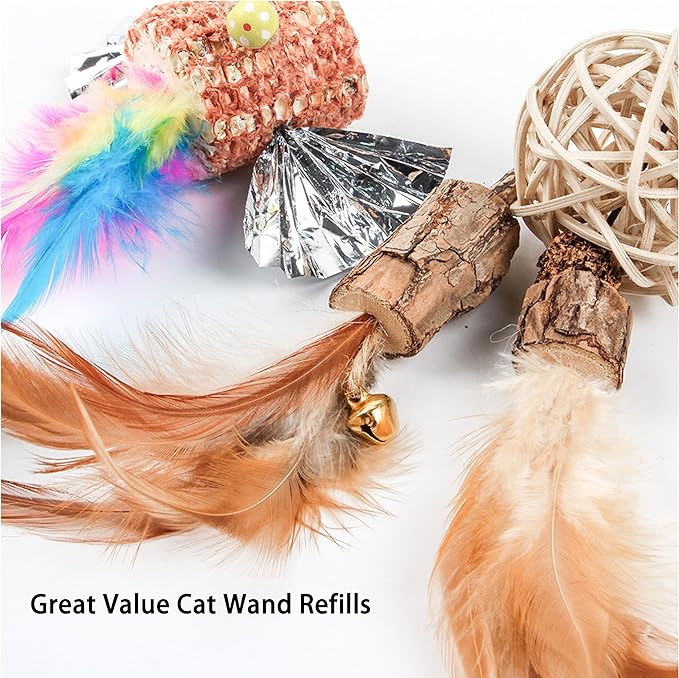 Cat Feather Toys Refills Cat Wand Replacement 6Pcs,Cat Teaser Wand Refills with Feather and Silvervine Sticks for Indoor Cat Chew Toy,Interactive Cat Wand Toy Refills