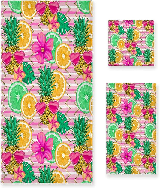 Gaming 3 Piece Towel Bathroom Sets, 1 Bath Towel, 1 Washcloth, 1 Hand Towel, Cotton Fast Dry Soft Absorbent Towel Set for Home Kitchen Family (Holiday Pineapple)