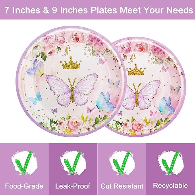 96 Pcs Butterfly Birthday Party Plates Napkins Forks Supplies Tableware Set Disposable Table Butterfly Theme Decoration for Girl Birthday Party or Baby Shower, Serves 24 Guests