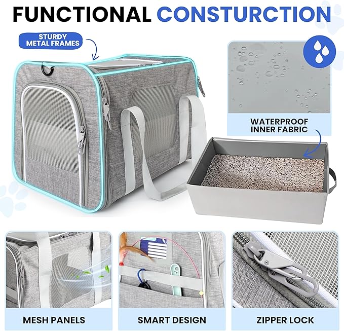 Airline-Approved Cat Carrier with Litter Box, 17x11x12” Soft Travel Litterbox up to 18 lbs Cats, Large Portable Carrier for Long Car Trips, Comes with Litter Scoop, Water Bowl, Pet ID & Cat Toy