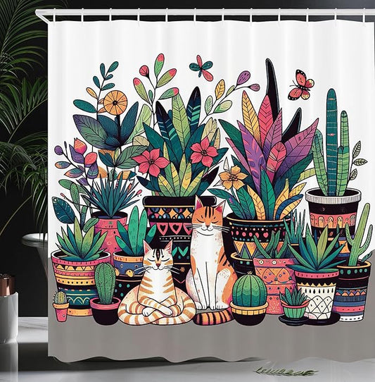 Ambesonne Cat Shower Curtain, Modern Illustration Flower Cactus and Plant Blooms Kitties Cozy Calm Drawing, Cloth Fabric Bathroom Decor Set with Hooks, 69" W x 75" L, Teal Pink and Purple