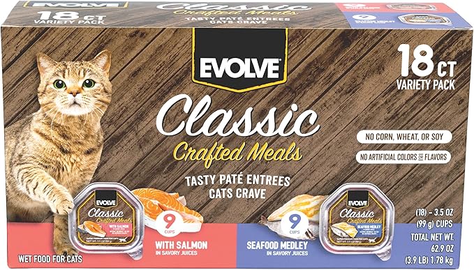 Evolve Classic Crafted Meals Cat Food Variety Pack with Salmon Recipe & Seafood Medley Recipe, 3oz (Pack of 18)