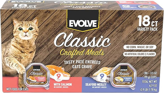 Evolve Classic Crafted Meals Cat Food Variety Pack with Salmon Recipe & Seafood Medley Recipe, 3oz (Pack of 18)