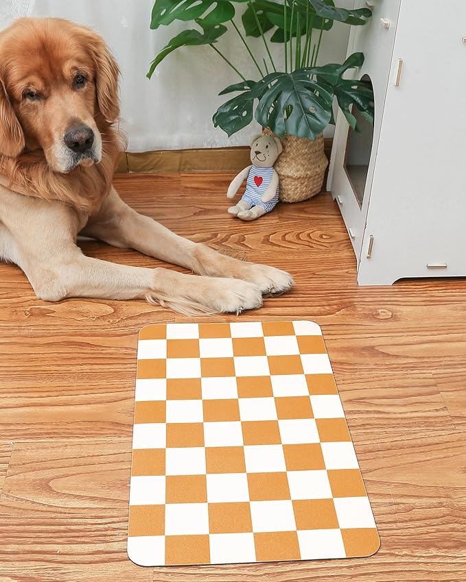 Ralxion Checkered Dog Feeding Mat, Absorbent Mats for Dog Food and Water Bowl, Dispenser, Aesthetic Purple Checkerboard Pet Placemat for Dogs, Cats, Puppy Accessories (Orange, 12 x 19)