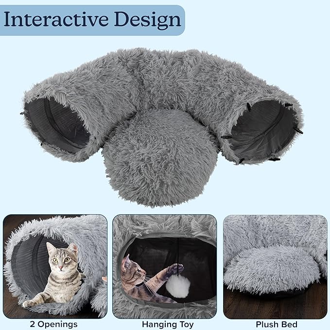 Cat Tunnel with Cat Bed for Indoor Cats - 3FT Multifunctional Cat Tunnel Bed with Cat Toys - Soft, Plush Peekaboo Cat Cave for Kittens, Cats, Ferrets, and Rabbits - Cat Products by PETMAKER (Gray)