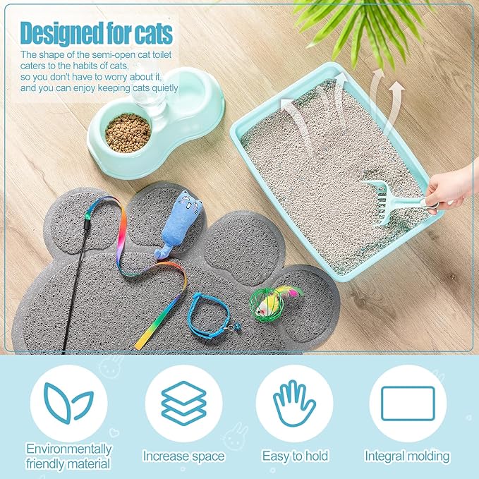 7 Pcs Small Cat Kitten Starter Kit Cat Litter Box with Shovel Cat Paw Litter Mat Double Automatic Cat Bowls Cat Toy Teaser Stick Cat Collar Essentials Kits for 1-3 Lbs Beginner (Blue,Simple)