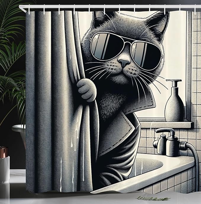 Ambesonne Cat Shower Curtain, Funny Kitty in Trench Coat Cool Detective Animal in a Bath Tub Monochrome Art, Cloth Fabric Bathroom Decor Set with Hooks, 69" W x 84" L, Dark Grey Pale Sepia