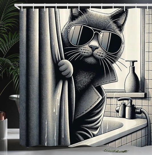 Ambesonne Cat Shower Curtain, Funny Kitty in Trench Coat Cool Detective Animal in a Bath Tub Monochrome Art, Cloth Fabric Bathroom Decor Set with Hooks, 69" W x 84" L, Dark Grey Pale Sepia