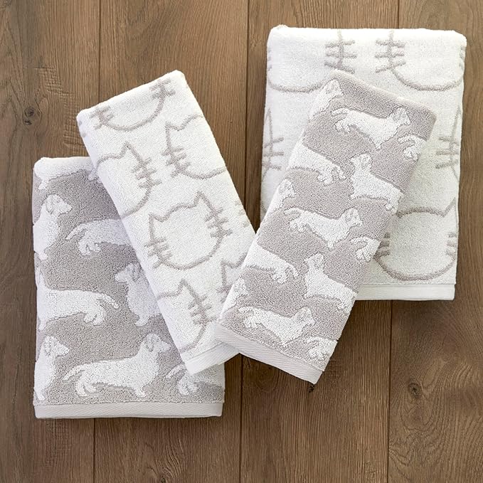 SKL Home Cat Hand Towel 2pc Set for Bath/Kitchen/Bar & Gift, White/Gray