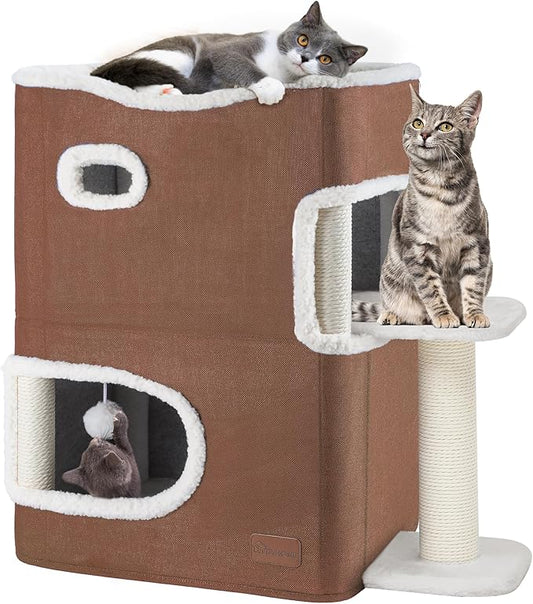 YIATHOME 2-Tier Cat House, Cat Beds for Indoor Cats, Small Cat Condo with Scratch Post, Hideaway Cave, Climbing Stand, Modern Cat Cube Playhouse for Multi Kittens, Brown