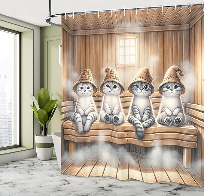 Ambesonne Cat Shower Curtain, Whimsical Scene with Happy Kittens with Funny Wizard Hats in Sauna, Cloth Fabric Bathroom Decor Set with Hooks, 69" W x 70" L, Pastel Brown and Pale Grey