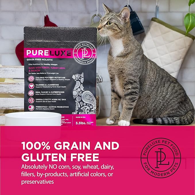 PURELUXE Grain and Gluten Free Cat Food, Healthy Weight Elite Nutrition, Turkey, Chicken, Salmon, for Senior, Less Active, Overweight Cats, All Life Stages and Breeds, Made in The USA, 3.3lbs