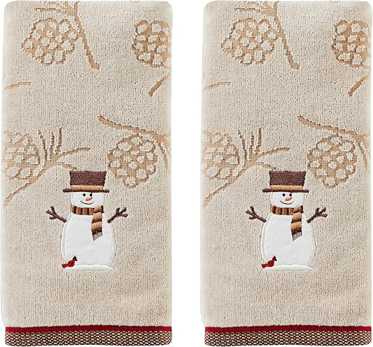 SKL Home Christmas/Winter Woodcut Snowman Hand Towel 2pc Set for Bath/Kitchen/Bar & Gift, Wheat