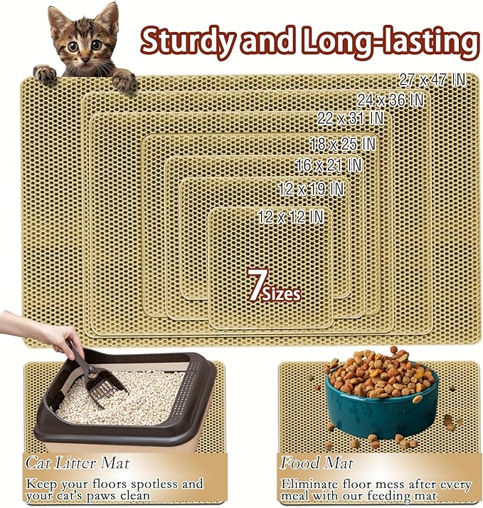 2025 𝗡𝗘𝗪 Waterproof Cat Litter Mat | Double Layer EVA, Odor-Free Large Grid | Urine Proof & Easy Cleanup | Soft on Paws | Versatile Design for Litter and Feeding (Khaki, 12×19)