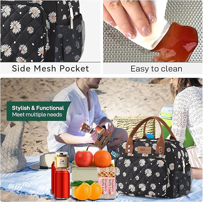 Buringer HOMESPON Lunch Bag for Woman Man Adults with Front Pocket Insulated Lunch Tote Lunch Box Container for Work Picnic or Travel（Daisy with Side Pockets）