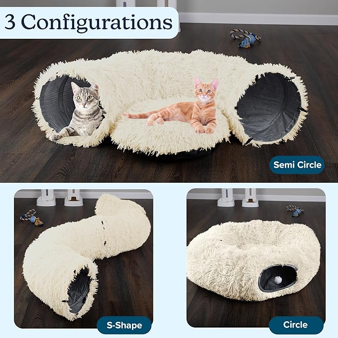 Cat Tunnel with Cat Bed for Indoor Cats - 3FT Multifunctional Cat Tunnel Bed with Cat Toys - Soft, Plush Peekaboo Cat Cave for Kittens, Cats, Ferrets, and Rabbits - Cat Products by PETMAKER (Cream)