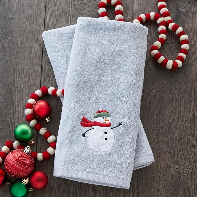 SKL Home Christmas/Winter Snowman with Snowballs Hand Towel 2pc Set for Bath/Kitchen & Gift, Gray