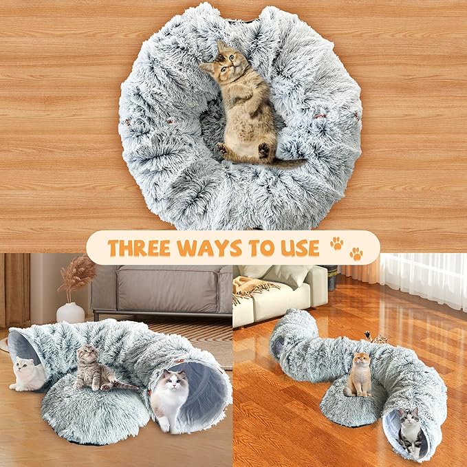 Cat Tunnel Bed with Central Mat, Big Tube Playground Toys, Soft Plush Material Cat Donut Tunnel, Peekaboo Cat Cave, Full Moon Cat Tunnels for Cat, Kitten, Puppy, Rabbit (Grey)