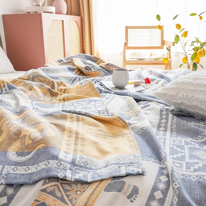 MEJU Elephant Check Geometric Muslin Lightweight Summer Blanket for Bed Sofa Couch, 100% Combed Cotton 2 Layer Soft Warm Quick Dry Throw Blanket Bed Coverlet Sheet Blue F/Q 80 in X 90 in