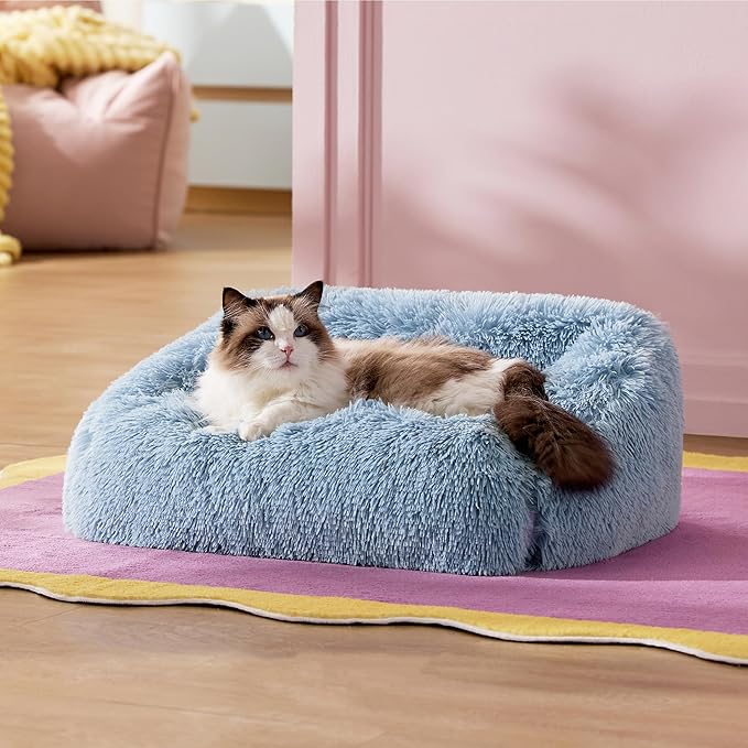 Lesure Cute Cat Couch Bed - Furry Indoor Cat Sofa Large, Washable Calming Small Dog Beds for Puppy with Fashion Design, 26x21x9inches, Blue