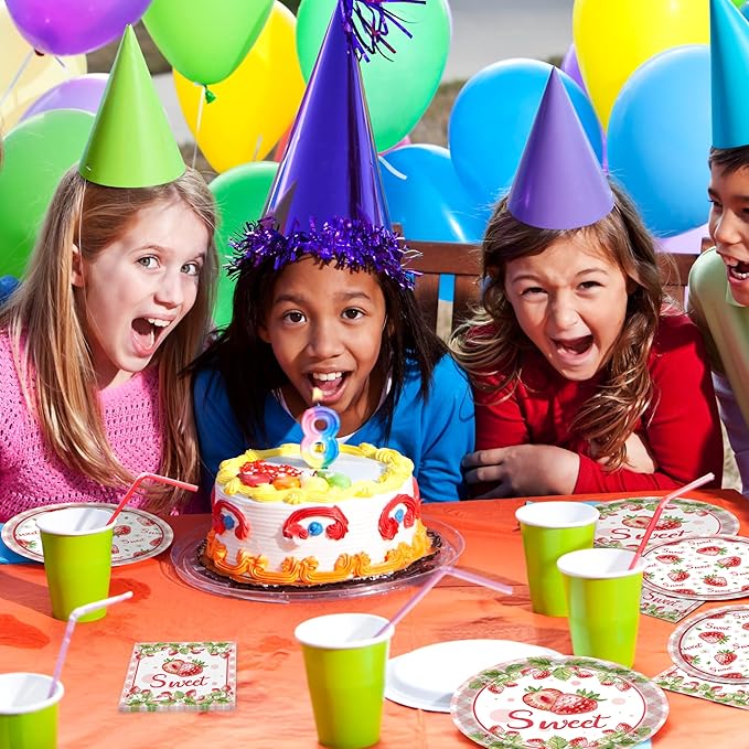 96 Pcs Strawberry Plates and Napkins Party Supplies, Disposable Forks Summer Fruit Paper Dessert Tableware Decorations Birthday Table Dinnerware Favors Set, Serves 24