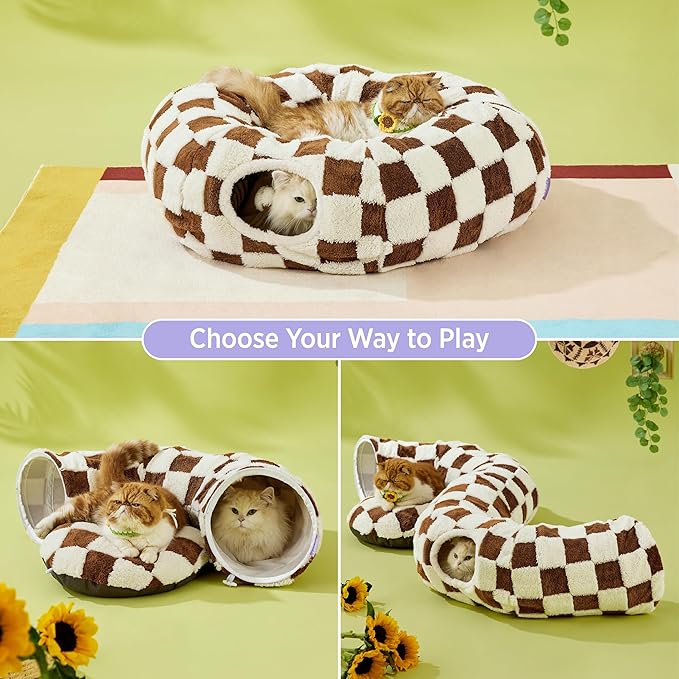 Lesure Cat Tunnel Bed for Indoor Cats - Cute Cat Donut Tunnel with Washable Circle Cushion, Round Pet Play Tunnel Toy for Kitten/Puppy/Rabbit,Brown