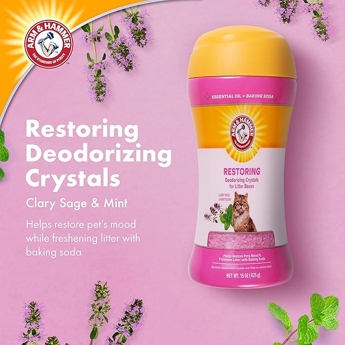 Arm & Hammer Restoring Cat Litter Box Deodorizing Crystals, Clary Sage & Mint Scent - Cat Smell Eliminator for Home, Odor Control, Cat Litter Crystals, Cat Essentials, 15 Ounce