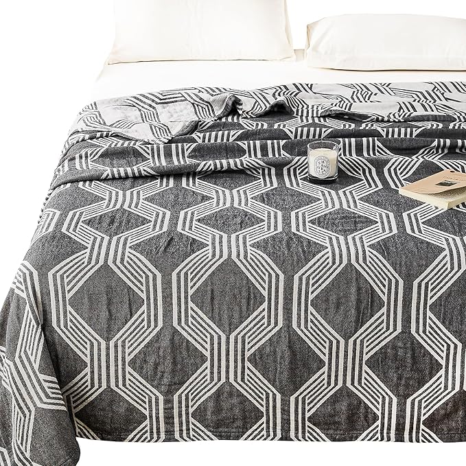 MEJU Black Modern Checks Fashion Stripe All Season Blanket Decorative for Bed Sofa Couch 100% Cotton 3 Layer Soft Warm Reversible Bedspread Throw Blanket Bed Coverlet Sheet Black F/Q 80 in x 90 in