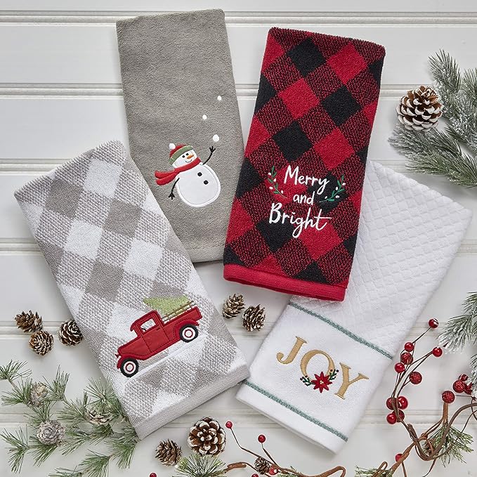 SKL Home Christmas/Winter Farm Truck Hand Towel 2pc Set for Bath/Kitchen/Bar & Gift, Gray