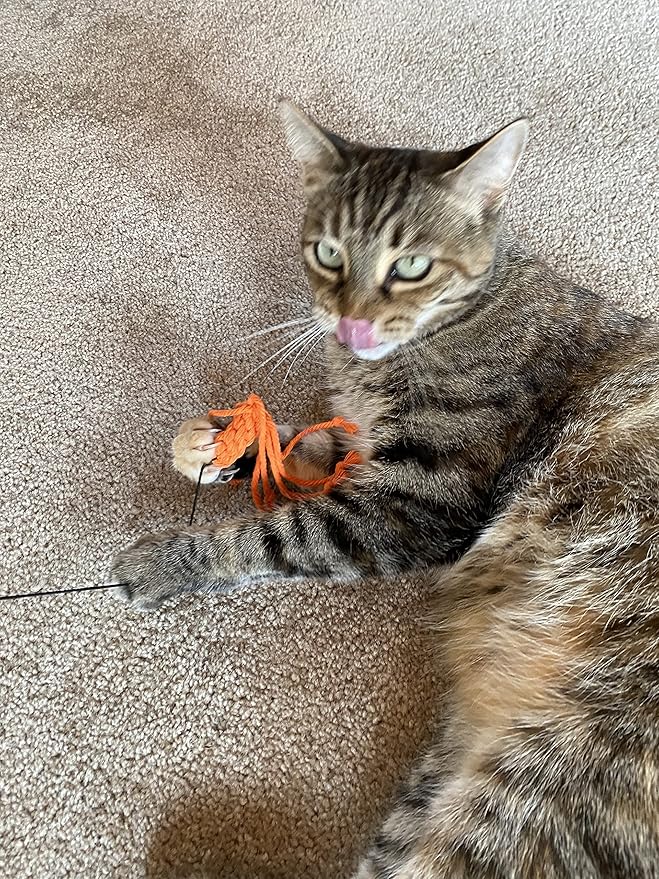 Kitty Kraken Macrame - Natural Organic Cotton Cat Toy - Birch Wood Wand - Teaser and Exerciser for Cat and Kitten - Interactive Soft Feather Mouse - Handcrafted in The USA (Orange)