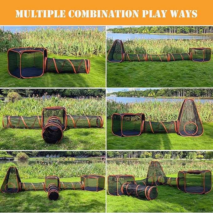 Kimruule Outdoor Cat Enclosures, 6-in-1 Cat Tent Outside with Cat Tunnels for Indoor Cats, Large Cat Playpen Outdoor with Cat Toys for Cats Rabbits Ferrets Dogs and Small Animals