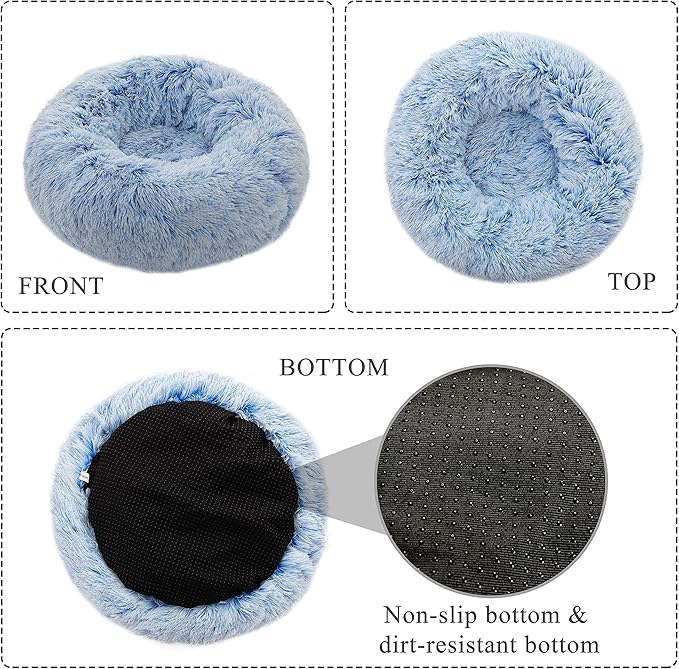 TumiMallody Donut Pet Bed, Plush Round Cuddler Cat & Dog Cushion Bed, Marshmellow Fluffy Faux Fur, Calming Comfy Furry (24 , Light Blue)