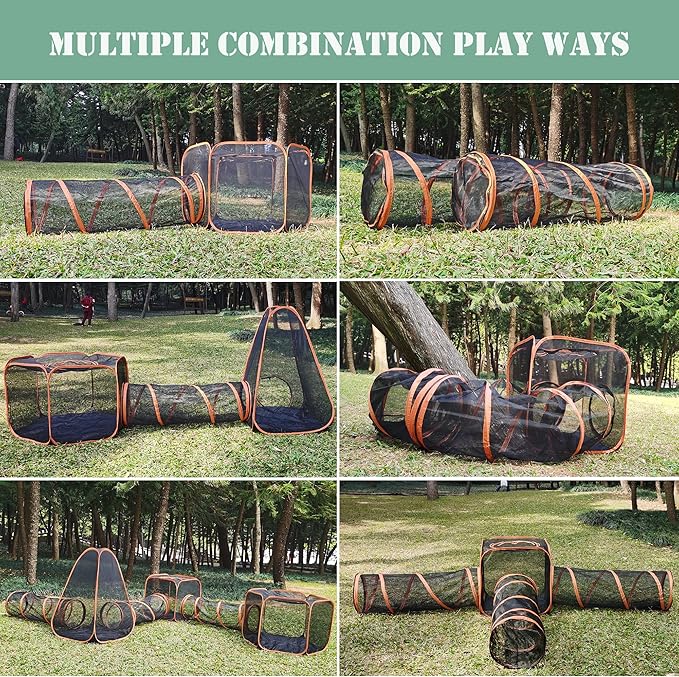 Outdoor Cat Enclosures, 6-in-1 Outdoor Cat Tent with Cat Tunnel DIY in Multiple Ways, Cat Playpen Play Tents for Cats Rabbits Ferrets and Small Animals, Indoor/Outdoor Cat House