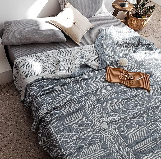 MEJU Indian Boho Muslin Lightweight Summer Blanket for Bed Sofa Couch, 100% Combed Cotton 3 Layer Soft Warm Quick Dry Throw Blanket Bed Coverlet Sheet (Boho, Twin 60 in X 80 in
