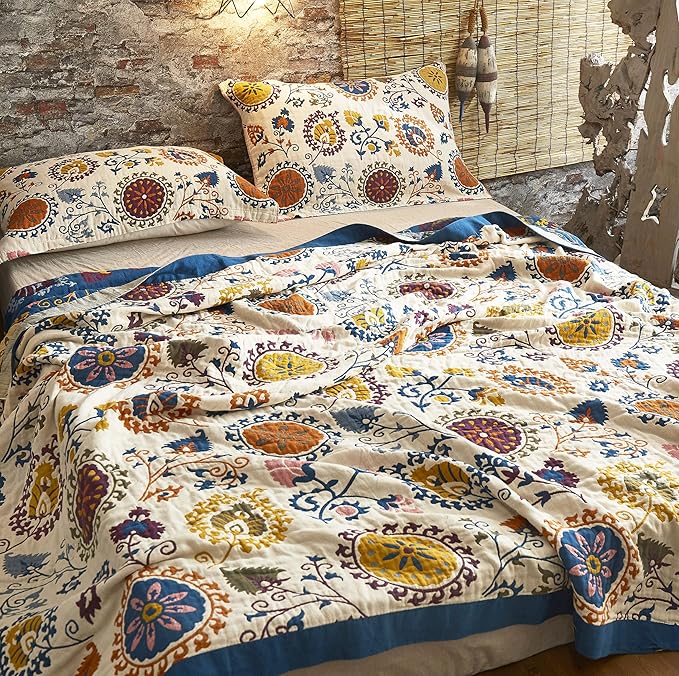 MEJU Muslin Bohemia Mandala Boho Paisley Flower Blanket Throw for Bed Sofa Couch, 100% Combed Cotton 4 Layer Soft Warm Southwest Reversible Throw Blanket Bed Coverlet Sheet Twin 60 in x 80 in