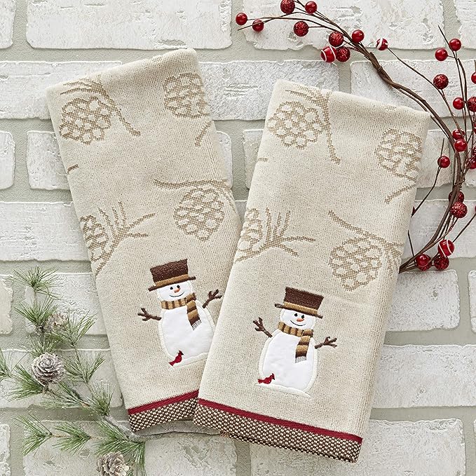 SKL Home Christmas/Winter Woodcut Snowman Hand Towel 2pc Set for Bath/Kitchen/Bar & Gift, Wheat