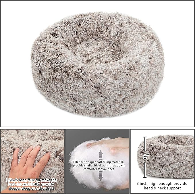 Calming Donut Dog Bed Medium, Plush Round Cuddler Dog & Cat Bed, Anit-Anxiety Marshmellow Fluffy Faux Fur Cushion(24", Brown)